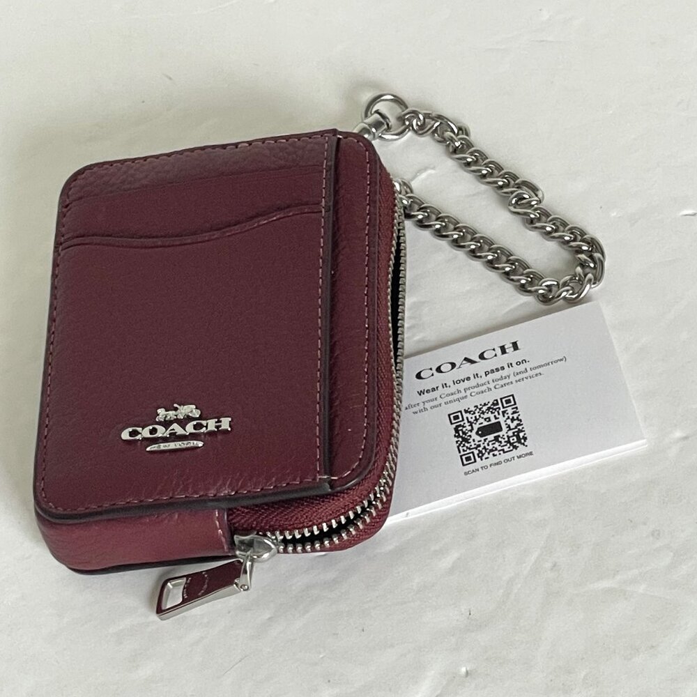 Coach Zip Card Case ID Wallet Red Wine Pebbled Leather 6303 Mini Chain Strap - Picture 3 of 3